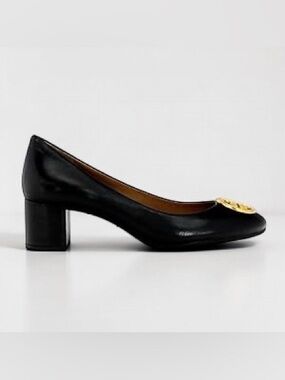 Tory Burch Black Leather Mid Block Heel Pumps with Gold Logo